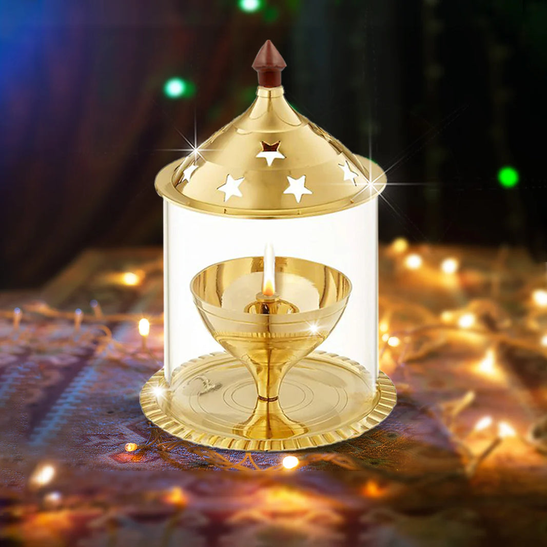 Articles Brass Nitya Akhand Jyot Aaradhya Diya with Borosilicate Glass (Large)